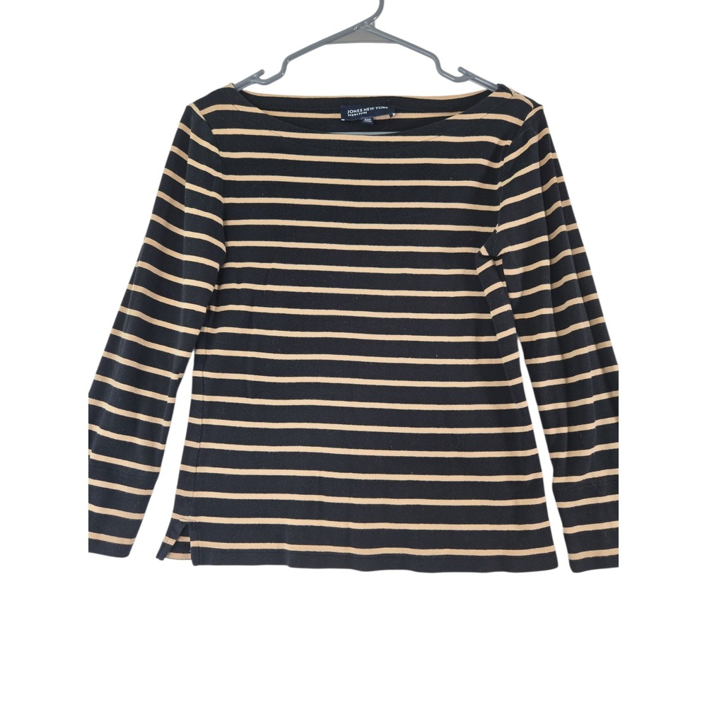 Jones New York Signature Womens S Black Striped Knit Top Long Sleeve Classic